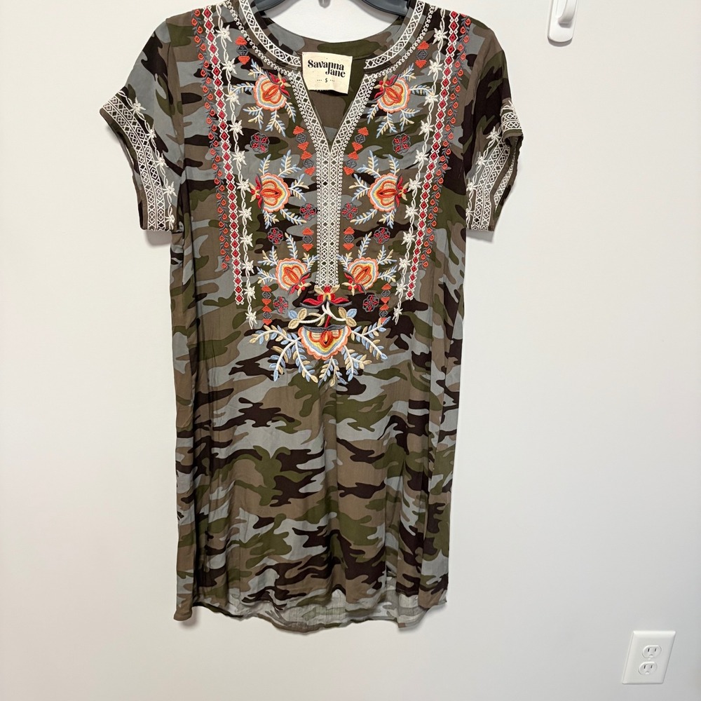 Savanna Jane Boho Embroidered Camo Tunic Dress Womens Green Size Small
